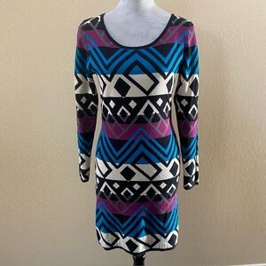 Jaloux Geometric Knit Sweater Dress – Long Sleeve – Purple Blue Black Cream – S